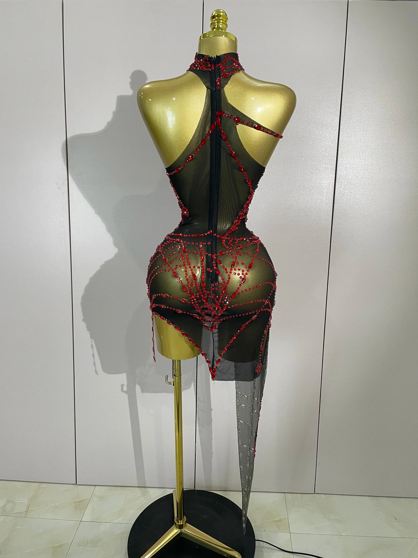 Sparkly Diamond Sexy Mesh Asymmetric Bodycon Mini Dress Women Nightclub Bar Party Show Gogo Dancer Clothing Stage Costume