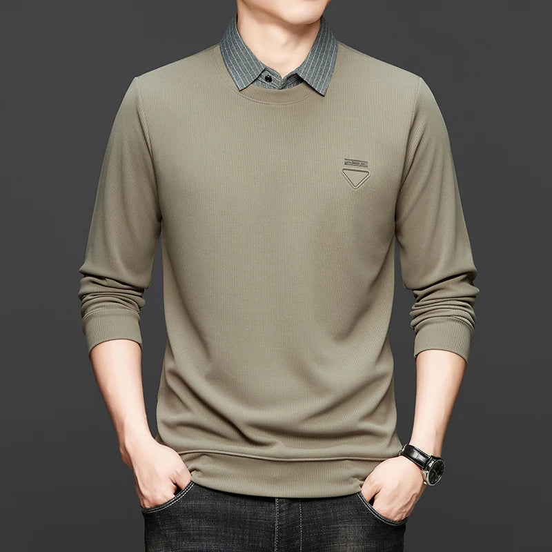 High Quality Men's Polo Shirt Contrast Color Lapel Long Sleeve T-Shirt Autumn New Exquisite Print Top Casual Business Menswear