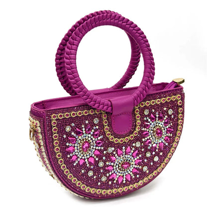 Summer New Design Specials Italian Women Shoes and Bag Set Fuchsia Color Comfortable High Heels With Rhinestone