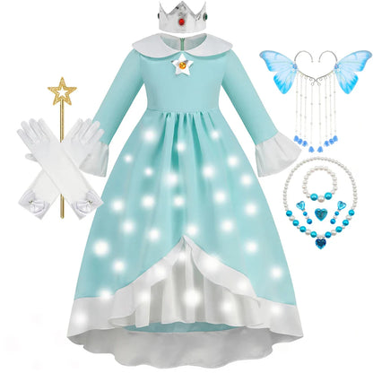 Rosalina Galaxy Princess Dress with Glowing Light Girls Game Role Play Princess Costume Halloween Rosalina Kids LED Light 10T