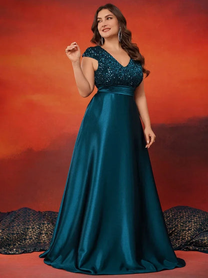 Plus Size Elegant V-Neck Blue Sequins Evening Dress Long Luxury Women Satin Sleevesless Party Prom Cocktail  Gowns