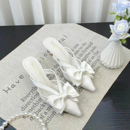 Fairy Style Pink Cool Slippers for Women's Summer 2024 French Pointed Bow Hollow High Heels, Half Wrapped Women's Slippers