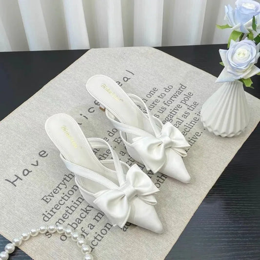 Fairy Style Pink Cool Slippers for Women's Summer 2024 French Pointed Bow Hollow High Heels, Half Wrapped Women's Slippers
