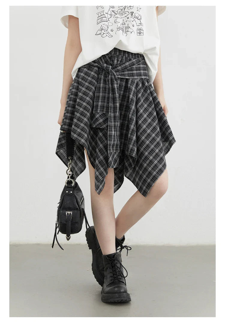 Women Skirts A Line Elastic Waist Strap Ties Irregular Plaid Half Length Skirt Female Short Skirt Woman Summer 2025