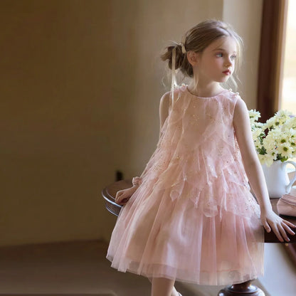 2026 Girls Pink Ruffle Tulle Dress Princess Sequin Layered Party Dress Kids Sleeveless Mesh Summer Vestidos Children Casual Gown