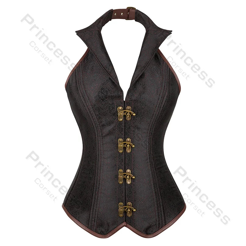 Steampunk Corsets for Women V-neck Gothic Corset Jacquard Corset Vest Cosplay Costume Pirate Corset Brown Black