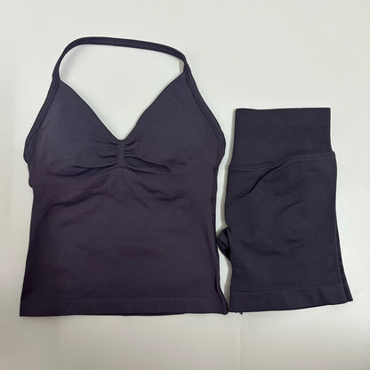 Yoga Set Women Padded Halter Tank Top Scrunch Butt Lifting Gym Shorts Set Summer Sportswear Workout Clothes