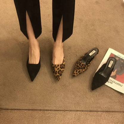 New Pointed Toe Mules Fashion Leopard Print Women Slippers Casual Women's Shoes Women Low Heels Elegant Ladies Outdoor Slide