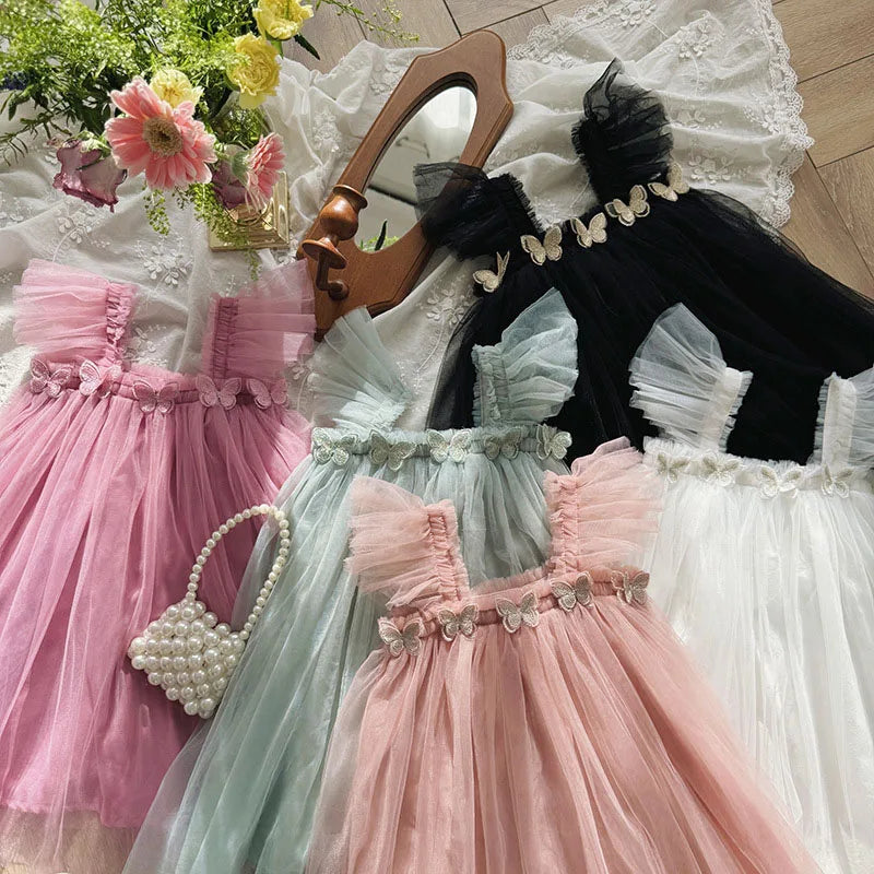 Summer Kids Sweet Mesh Dress Girls 5 Colors Suspended 3D Butterfly Skirt Children Tutu Princess Dress