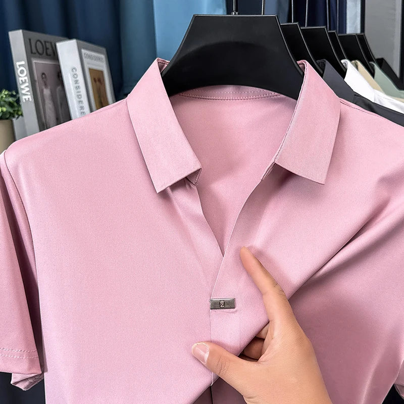 High quality ice silk short sleeve T-shirt men's lapel top trendy brand design cool silky breathable summer casual polo shirt