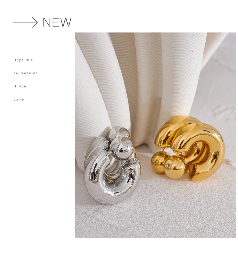 Stainless Steel C Shape Round Chunky Unusual Earrings Jewelry Waterproof Metal Texture Attractive Women Accessories Gift