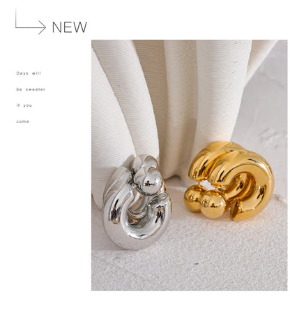 Stainless Steel C Shape Round Chunky Unusual Earrings Jewelry Waterproof Metal Texture Attractive Women Accessories Gift
