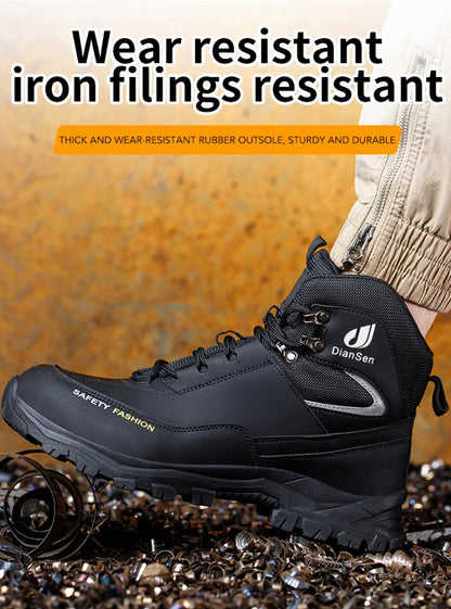 Men Work Boots Puncture-Proof Waterproof Work Shoes Steel Toe Safety Boots Industrial Indestructible Boots Side Leather Shoes