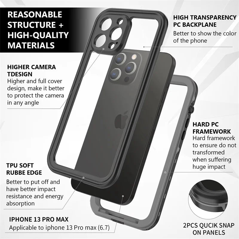 Full Sealed Clear For iPhone 12 13 14 15 16 17 Pro Max Waterproof Cases IP68 Diving 360 Protect Magsafe Shockproof Protect Cover