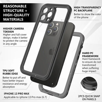 Full Sealed Clear For iPhone 12 13 14 15 16 17 Pro Max Waterproof Cases IP68 Diving 360 Protect Magsafe Shockproof Protect Cover