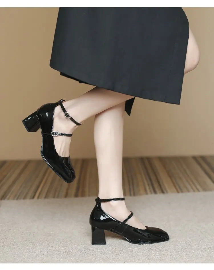 2024 New Mary Jane Shoes High Quality Leather Shoes Shallow Square Toe Womens Sandals Buckle Strap Women's Pumps