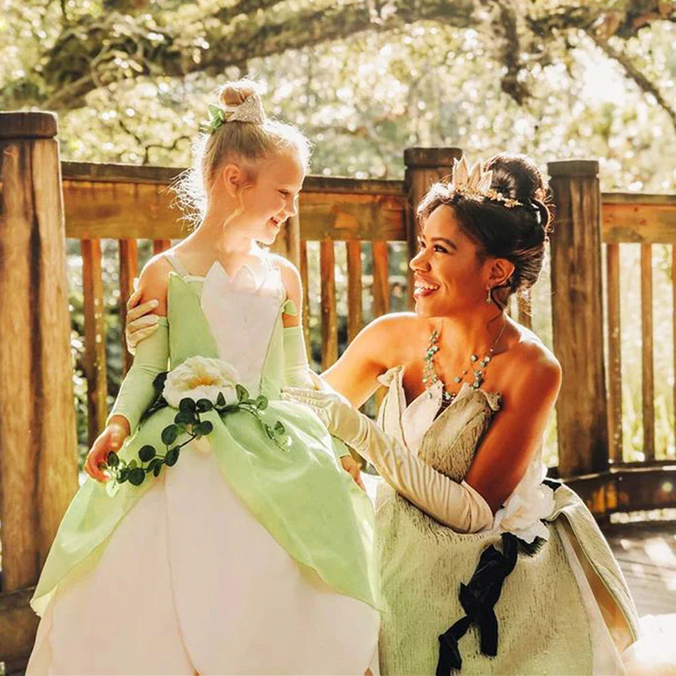 Kids Girl Tiana Dress for Girls Birthday Party Halloween Ball Gowns Evening Birthday Fancy Layered Costume Floral Fairy Clothing