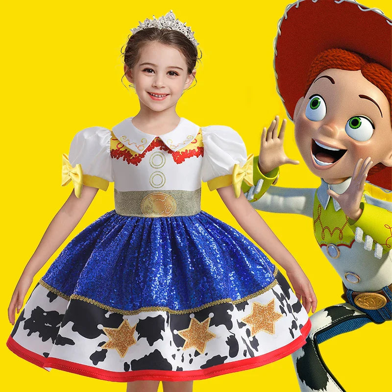 Vestido de menina Jessie, meninas Buzz Lightyear, vestido de desenho animado de vaca, roupas de Halloween, festa Toy Story, vestidos de cosplay, fantasia infantil