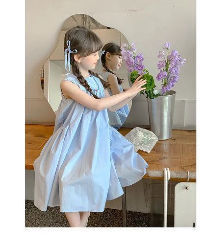 Summer Junior Girl Sleeveless Dress Solid Side Big Pockets Blue Ruched Dress For 2-10Y Girls Casual Round Collar Baby Girl Dress