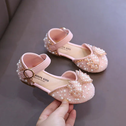 2025 New Summer Style Fashionable Comfortable Casual and Elegant Flat Bow Toe-toe Beaded Wear-resistant Girls' Leather Shoes