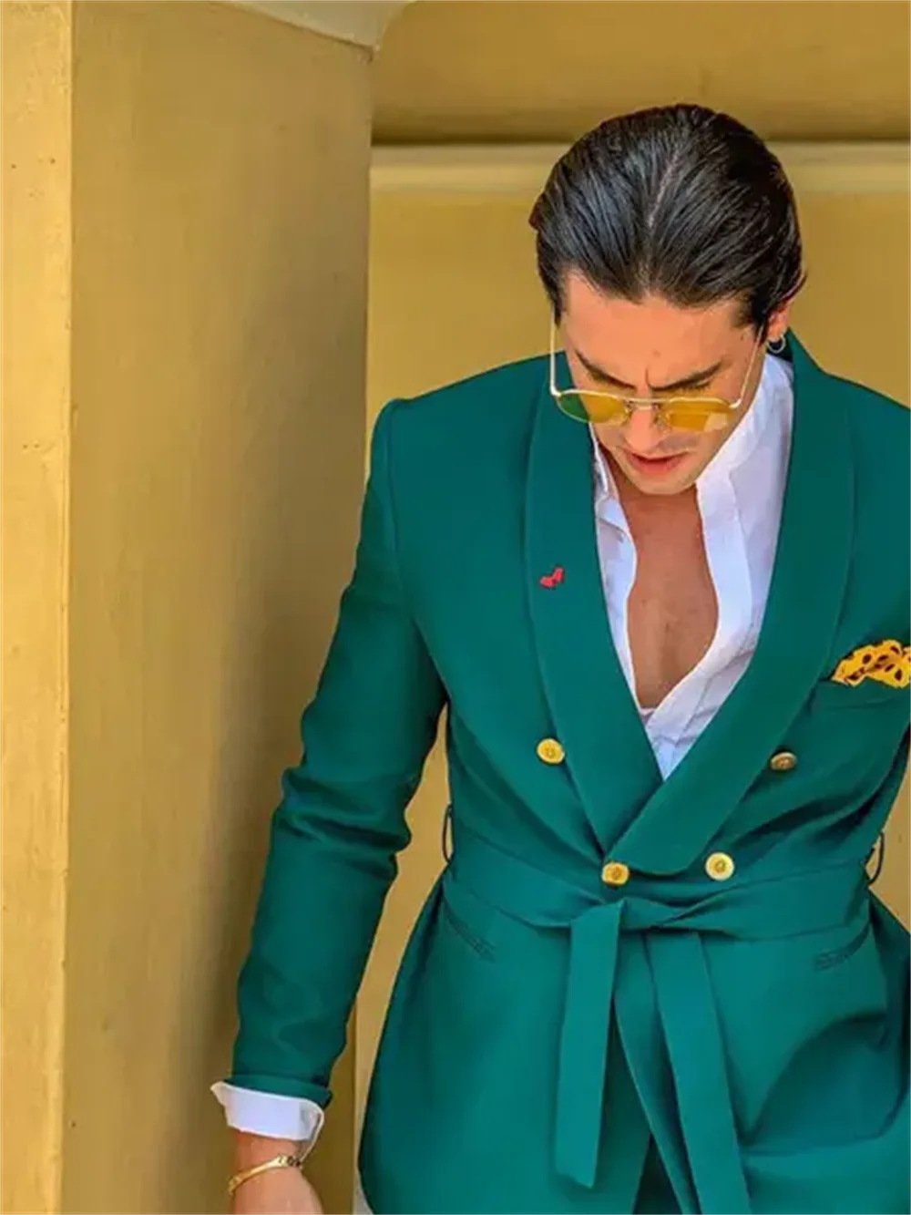 2 Peças Ternos Verdes Masculinos Slim Fit Abotoamento Duplo Lapela Xale Conjunto de Smoking Formal para Casamento Traje Americana Hombre
