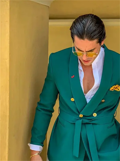 2 Peças Ternos Verdes Masculinos Slim Fit Abotoamento Duplo Lapela Xale Conjunto de Smoking Formal para Casamento Traje Americana Hombre