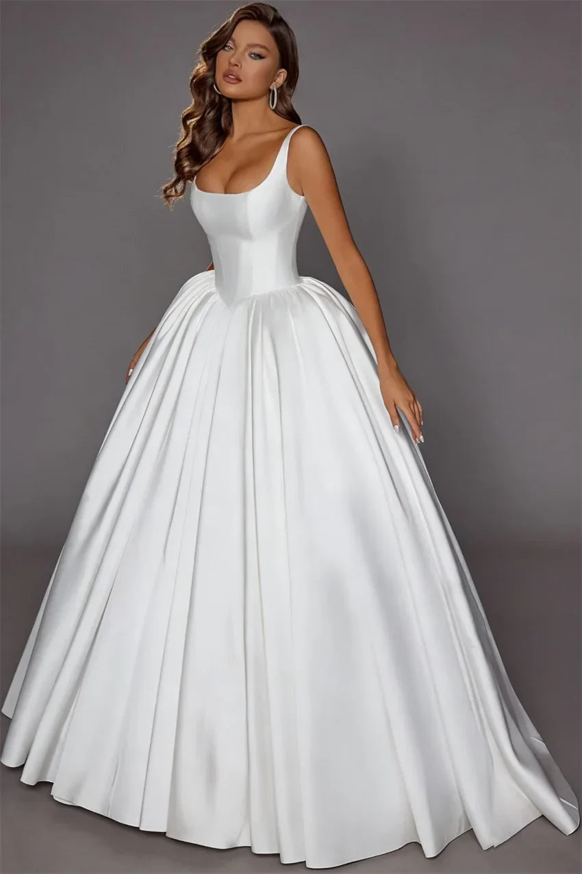 Customized Elegant A-line Simple Satin Wedding Dresses for Bride Sleeveless Bridal Dress Square Collar Bride Gown Robe De Mairee