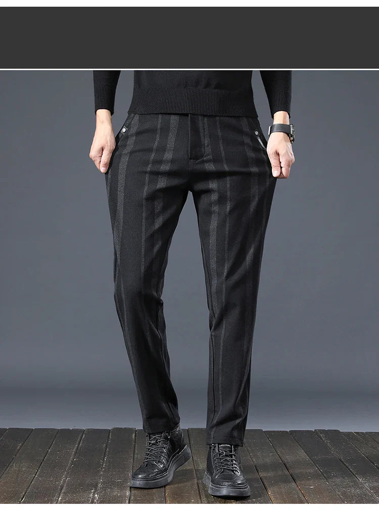 Autumn New Men's Slim Casual Pants  Fashionable Fit Elastic Business Pants High Quality Stripe Classic 3-colors Male Trousers