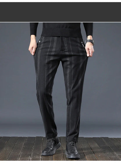 Autumn New Men's Slim Casual Pants  Fashionable Fit Elastic Business Pants High Quality Stripe Classic 3-colors Male Trousers