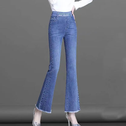 Elastic Waist Flare Nine Points Boot Cut Women Clothing Jeans