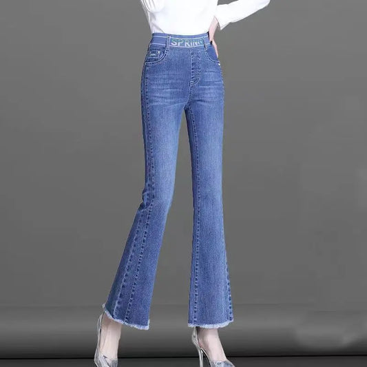 Elastic Waist Flare Nine Points Boot Cut Women Clothing Jeans