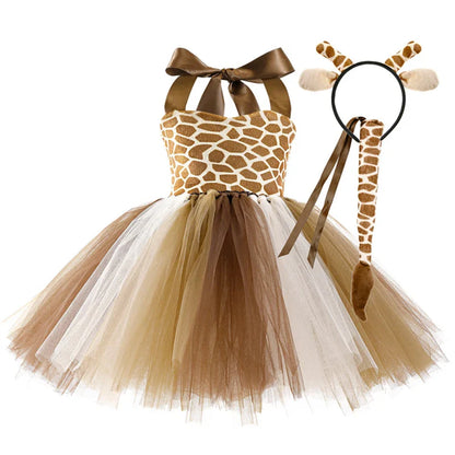Cute Leopard Tiger Cat Giraffe Tutu Dress For Girls Halloween Animal Cosplay Costume Outfit Kids Christmas Carnival Party Dress