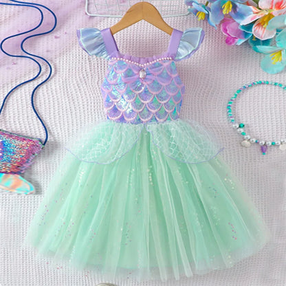 Girls Tulle Dress Princess Kids Fashion Sequined Puffy Ballet Dance Gown Baby Sleeveless Tutu Skirt Christmas Halloween Vestidos