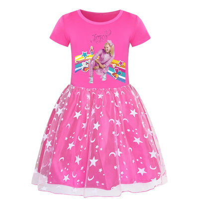 2025 Girls Princess Dress Kids Cute JOJO Siwa T Shirt Pleated Dresses Children Summer Vestidos Cartoon Birthday Party Clothes