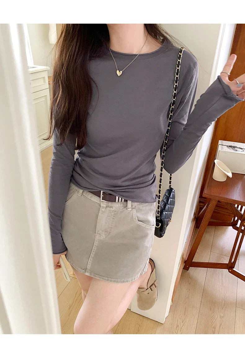 2026 Spring Autumn T shirt Women Tops Solid Slim Fit Long Sleeve O Neck Tshirts Female Casual Streetwear High Quality Base Tees