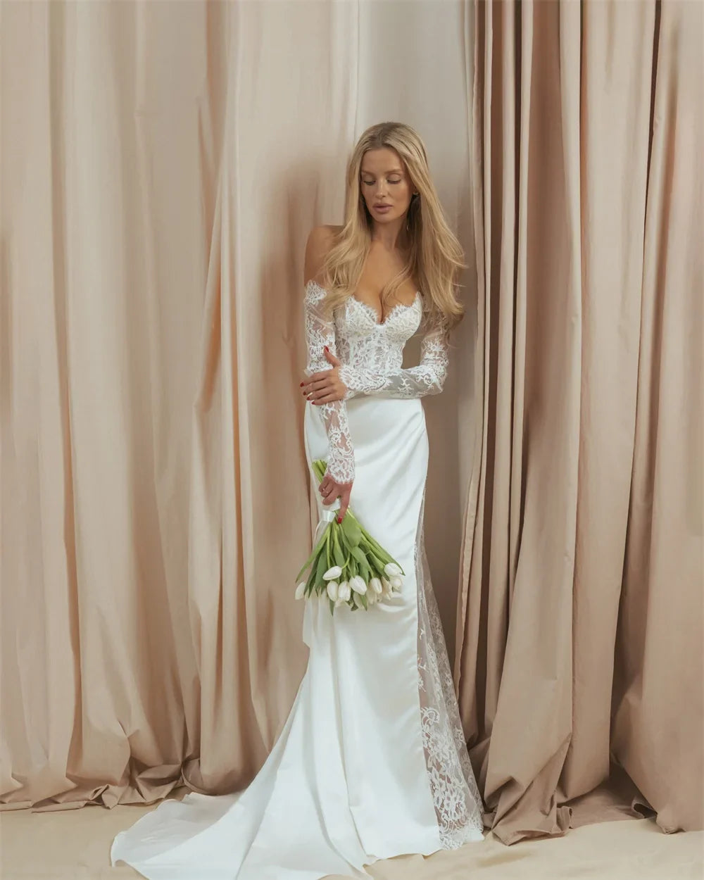 Customized White Side High Split Wedding Dresses Off the Shoulder Sleeveless Bridal Gowns Elegant Mermaid Wedding Gowns