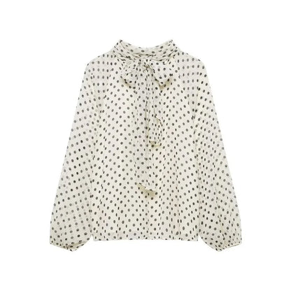 Elegant Women Polka Dot Blouse, Spring Bow Tie Lantern Sleeve Layered Neck Chiffon Shirt, Casual Daily Office Top