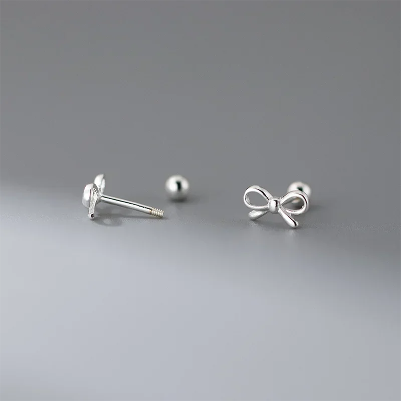 925 Sterling Silver Romantic Bow Screw Bead Piercing Stud Earrings for Women Fashion Simple Cute Girls Party Jewelry Gift