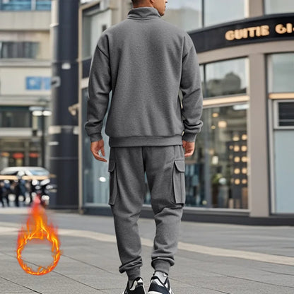 2024 autumn and winter men's casual velvet warm zipper sports trousers set