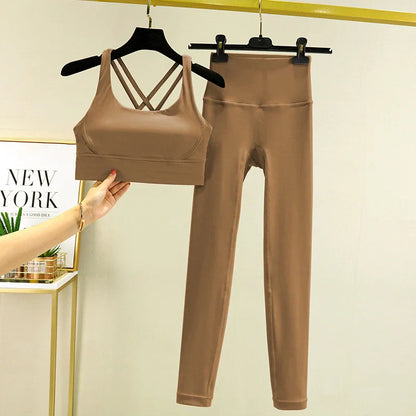TRY TO BN Tummy Control Gym Set 2 Piece High Waisted Leggings Cross Bra Squat Proof Fitness Breathable Yoga Outfits Workout Set