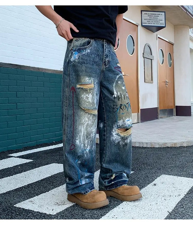 New street graffiti ripped painted jeans for men, straight-leg, loose, wide-leg, trendy brand, stylish high-end