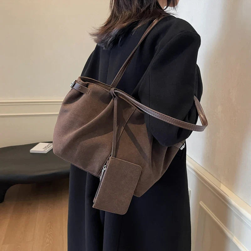 Suede Shoulder Bags for Women Large Suede Totes Lightweight Underarm Bag Casual Shopper Handbag Solid Color Travel Bucket Bags