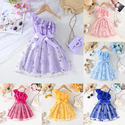 Girls Baby England Style Dresses Kids Lotus Leaf Sloping Shoulder Suspender A-line Skirt Summer Children Fashion Party Clothes