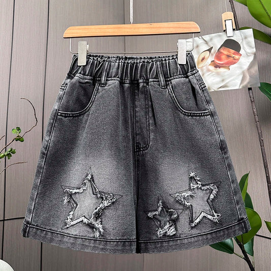 L-6XL Plus Size Denim Shorts For Women Summer 2025 High Waist Black Loose Wide Leg Short Jeans Women Star Large Size Short Jeans