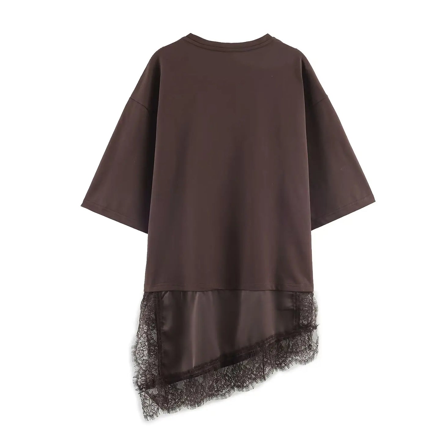 Women Vintage Solid Lace Patchwork T-Shirts Asymmetrical Hem O Neck Short Sleeve Shirt 2026 Trend High Street Lady Chic TEES
