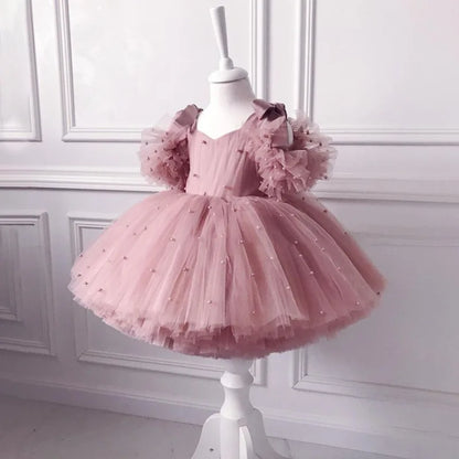 1 to 5 Yrs Kid Summer Baby Girls Ceremonial Dress Children's Pearl Tulle Princess Party Dresses For Wedding Tutu Perform Vestido