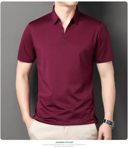 2024 High-quality Elastic Stretch POLO, Business Casual Men's Short-sleeved Shirt, Seamless V-neck M-4XL Men's Polo Shirt