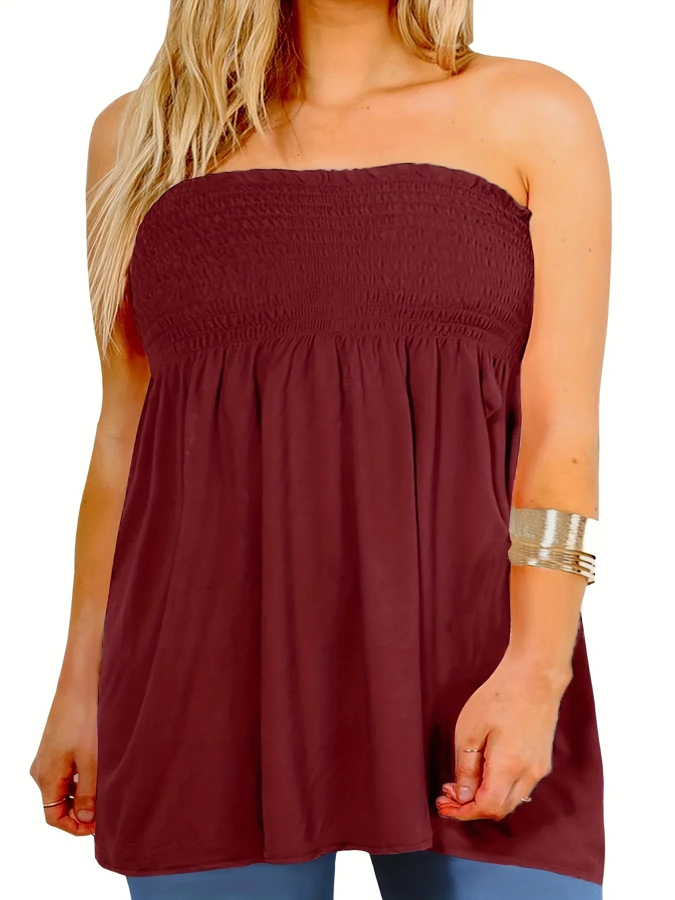 Plus Size Women's Sexy High Waist Pleated Tube Top,Summer Casual Solid Color Clothes