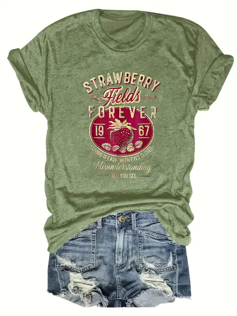 Harajuku Strawberry Fields Forever Letter Print Women T Shirt Short Sleeve Crew Neck Summer Casual Top for Women Clothes Shirts