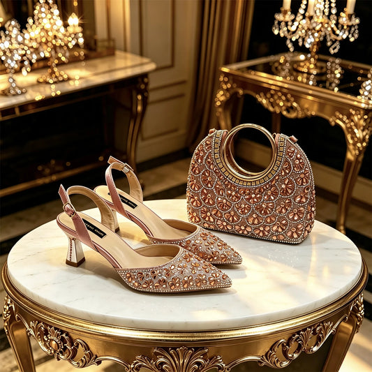 2026 New Arrival Italian-Inspired Peach Rhinestone Pointed Toe Women’s High Heels with Matching Handbag Set – Elegant Wedding